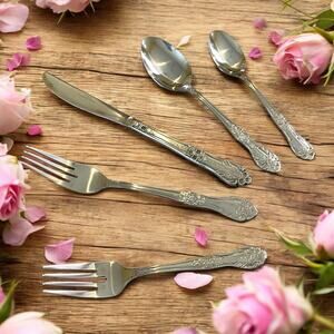 NIB Rogers Rose Elegance Flatware 40 Piece 8 Place Setting Stainless Retro Cute
